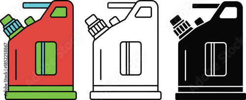 Three colored jerry cans with spouts and handles in red green and black fuel can