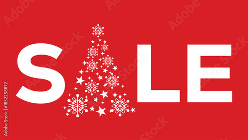 Festive red Christmas sale banner with bold white text and stylized Christmas tree made of white stars and ornaments, perfect for holiday retail promotions and seasonal marketing campaigns.