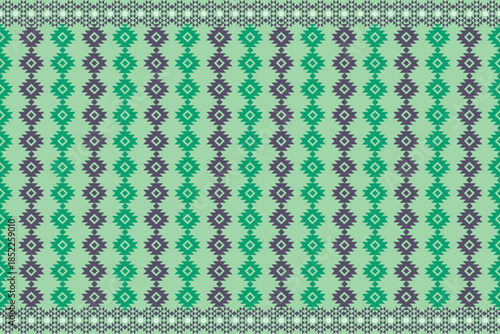 Geometric pattern tribal motif aztec style diamond shape seamless repeat textile design teal background purple accent vector art ethnic ornament with modern vibe creates rhythmic symmetry