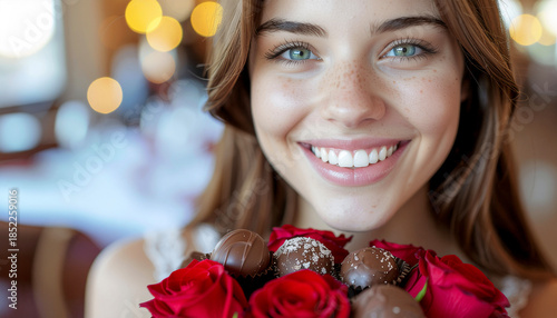 Young Woman with Chocolate Heart and Red Roses — Valentine Portrait