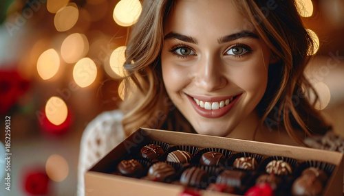 Young Woman Holding Assorted Chocolate Gift Box — Joyful Portrait