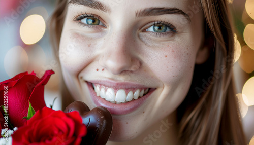 Young Woman with Chocolate Heart and Red Roses — Valentine Portrait