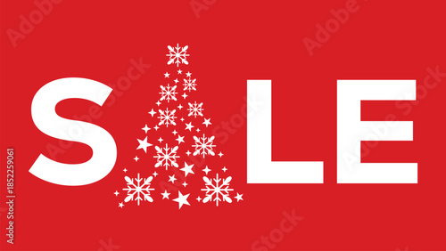 Festive red Christmas sale banner with bold white text and stylized Christmas tree made of white stars and ornaments, perfect for holiday retail promotions and seasonal marketing campaigns.