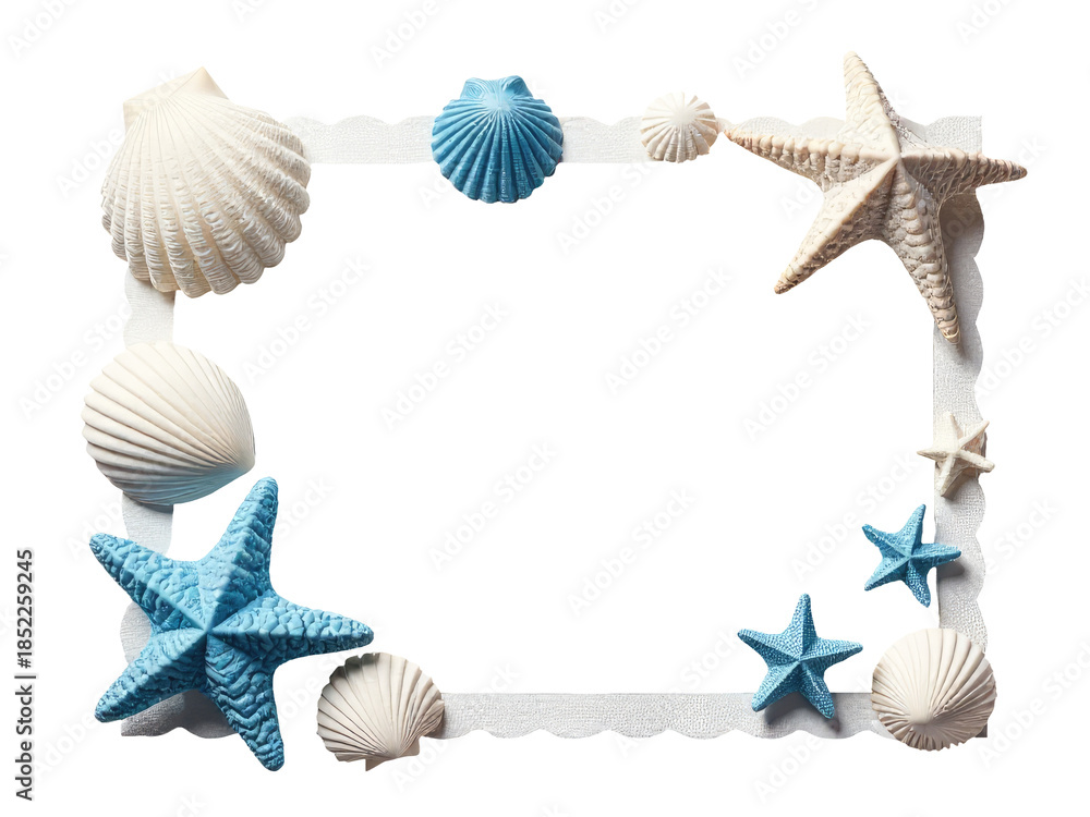 Obraz premium A decorative frame filled with sea shells and starfish, great for coastal or ocean-themed settings
