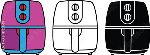 Three colorful air fryers with different colors and kitchen appliance pink blue black