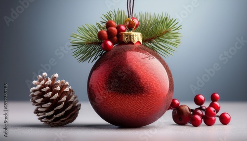Red Ornament With A Pine Cone And Berries On Top
