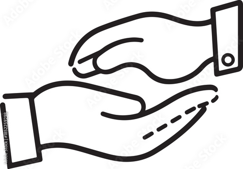 Simple line art icon depicting two hands interacting or exchanging something in a circular protective motion
