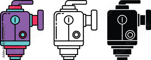 Three colorful and monochrome spray paint cans with caps on a white background purple