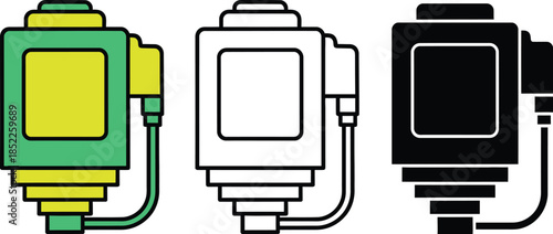 Three colorful blocky battery with different colors and cables attached green yellow