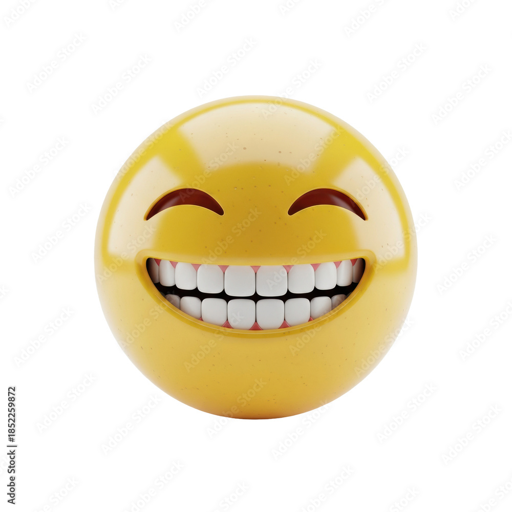 Fototapeta premium highly detailed 3d render of a vibrant glossy yellow 'grinning face with smiling eyes' emoji sphere on a transparent background with soft studio lighting and copy space. concept of digital