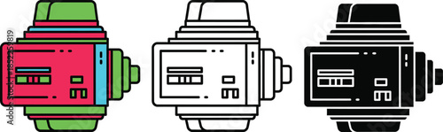 Three colorful camera lenses with detailed front and internal components black and white