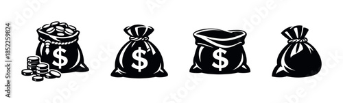 Money bag vector illustration, flat style with coins and dollar symbols