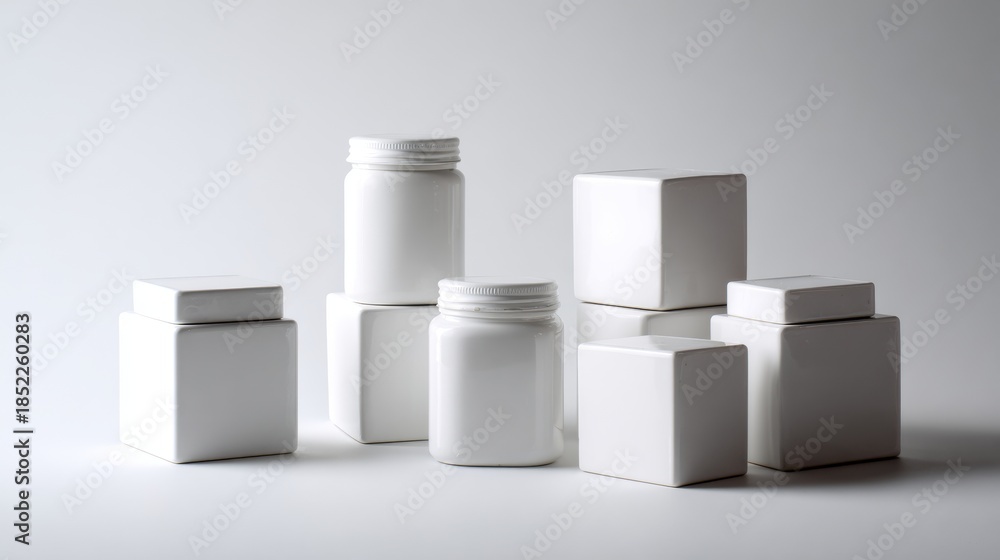 Obraz premium White minimalist cosmetic containers on clean surface for modern skincare branding or pharmaceutical product visuals