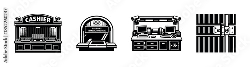 Bank and cell security elements, flat vector illustration with cashier booth