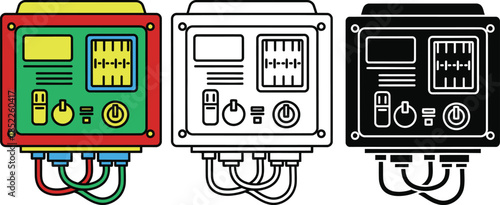 Three colorful control panels with meters and switches in style buttons cables