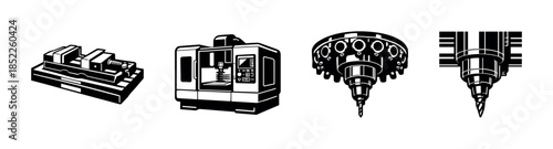 Cnc machine components, drill, lathe, clamps, flat vector illustration