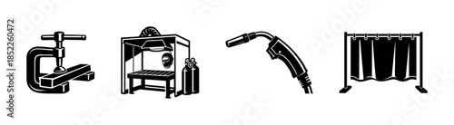 Welding tools and curtain, flat vector illustration, workshop equipment icons