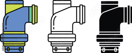 Three Colorful Elbow Pipe Fittings in Blue Yellow Green Black and White Line Style blue pipe