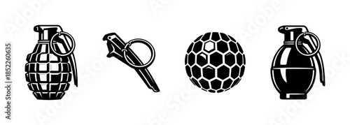 Hand grenade collection, explosive devices, flat vector illustration