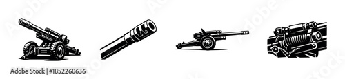 Cannon and artillery collection, war tools, flat vector illustration
