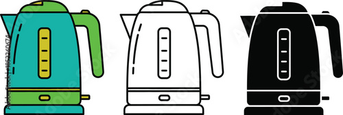 Three colorful electric kettles with water level indicators and handles spout three kettles
