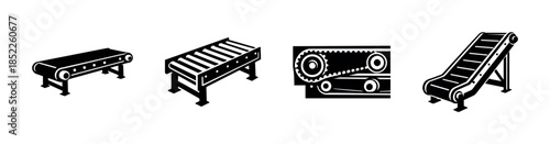 Industrial conveyor belt collection, flat vector illustration, machinery, equipment