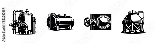 Industrial tanks and machinery design, flat vector illustration, factory elements