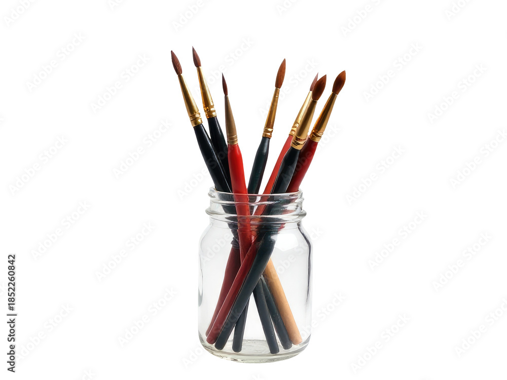 Fototapeta premium A jar filled with various colored paintbrushes, ideal for art studios or creative projects