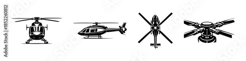 Helicopter designs collection, air transport, aircraft, flat vector illustration