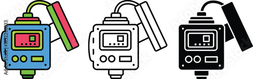 Three colorful electronic devices with cables and in blue black and white blue device