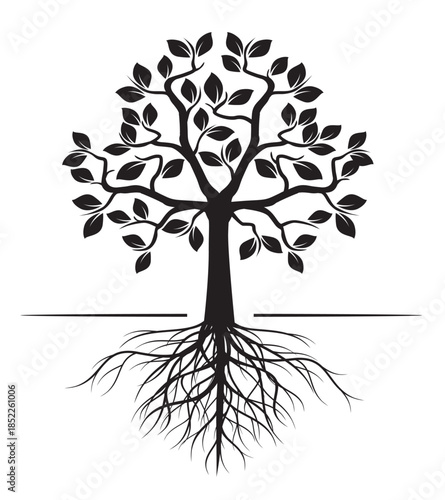 Shape of Tree with Leaves and Roots. Outline Illustration.