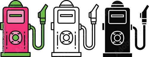 Three colorful gas pumps with fuel nozzles and hoses fuel pump gas station