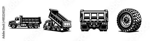 Dump truck and tire set, heavy machinery, flat vector illustration