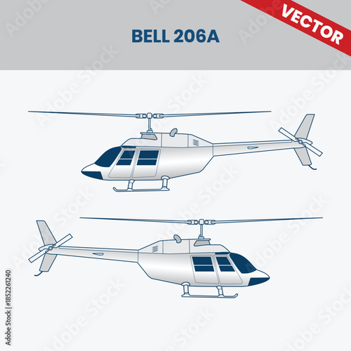 Technical Line Drawing of Helicopter Bell 206A 2D Engineering Rendering Sketch Vector Illustration Side View Right and Left Angle