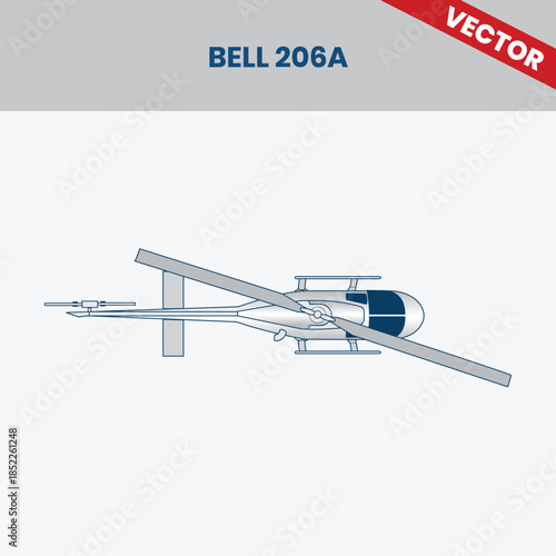 Technical Line Drawing of Helicopter Bell 206A 2D Engineering Rendering Sketch Vector Illustration Top View Angle