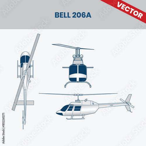 Technical Line Drawing of Helicopter Bell 206A 2D Engineering Rendering Sketch Vector Illustration Front Side and Top View Angle