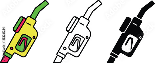 Three colorful gas pump nozzles with green black and yellow handles fuel nozzle green handle