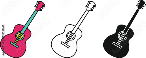 Three colorful guitar with different colors and outlines musical instrument red guitar