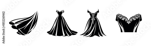 Evening dresses designs, elegant gowns, flat vector illustration