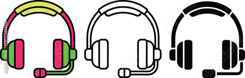 Three Colorful Headsets with Microphones in a Row headphones green