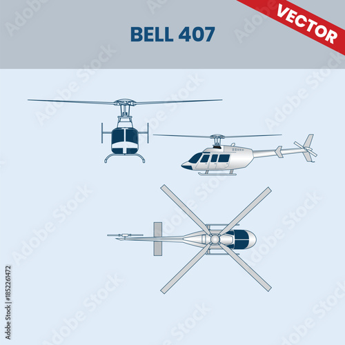 Technical Line Drawing of Helicopter Bell 407 2D Engineering Rendering Sketch Vector Illustration Front Side and Top View Angle