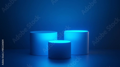 Three cylindrical blue pedestals on a dark blue background with bright blue illumination