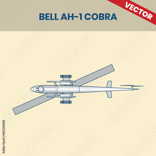 Technical Line Drawing of Helicopter Bell AH-1 Cobra 2D Engineering Rendering Sketch Vector Illustration Bottom View Angle