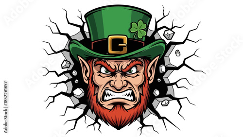 Angry Leprechaun Face Bursting Through Wall Vector Illustration