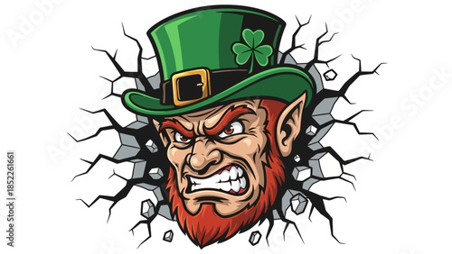 Angry Leprechaun Face Through Wall Vector Illustration