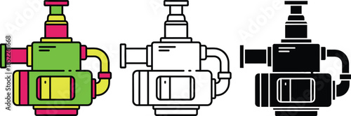 Three colorful industrial valve systems with pipes and connectors in style green