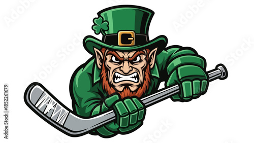 Aggressive Leprechaun Hockey Player Vector Illustration