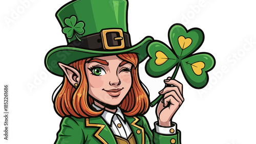 Winking Leprechaun Girl Holding Shamrock Vector Illustration
