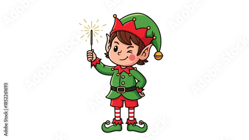 Winking Christmas Elf with Sparkler Vector Illustration