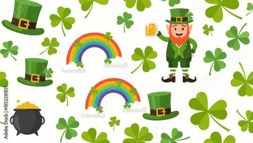 St. Patrick's Day Seamless Vector Pattern with Leprechaun and Clovers